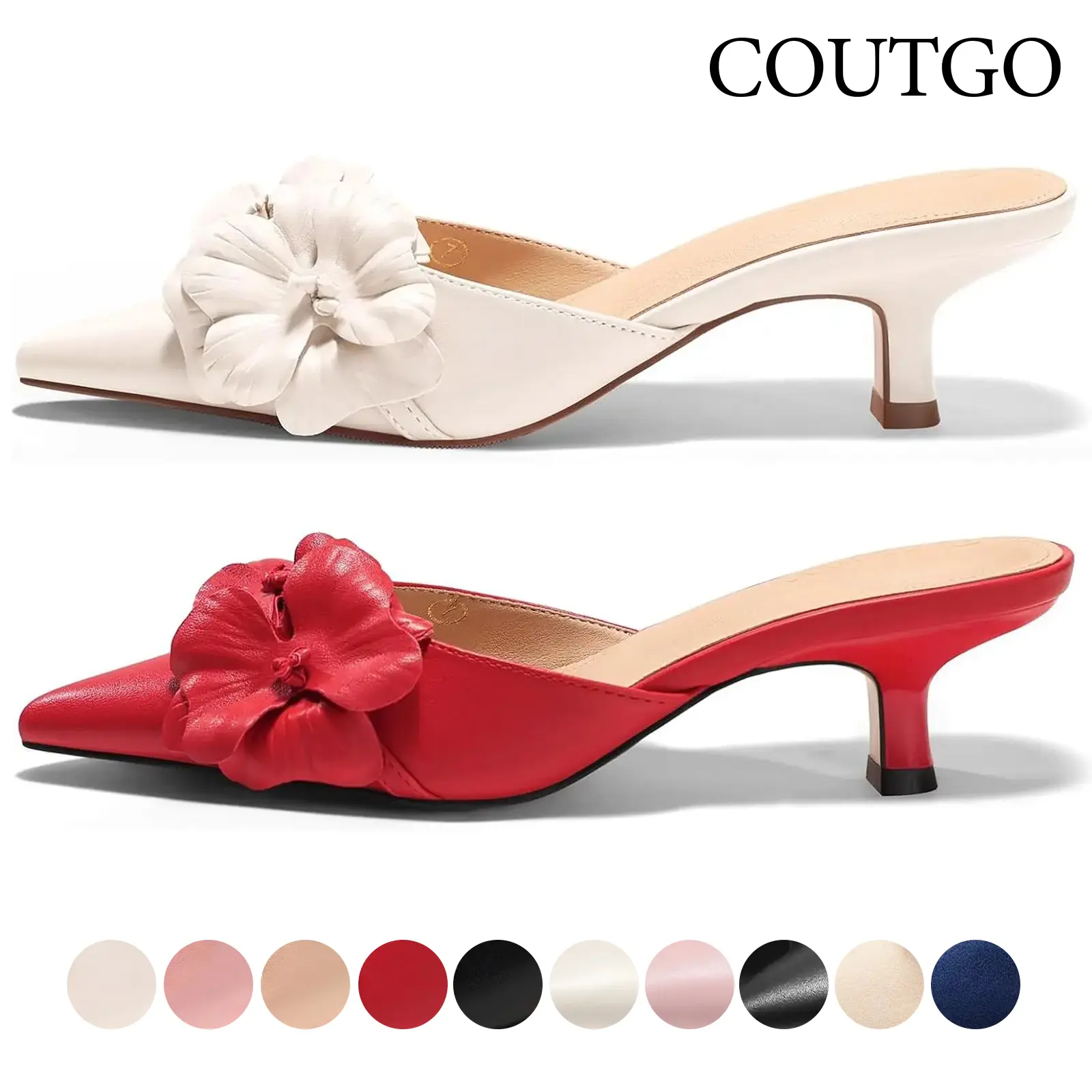 Coutgo Womens Mules Kitten Heels Closed Pointed Toe Pumps Flower Slip On Party Dress Shoes Slip On Clog Girl