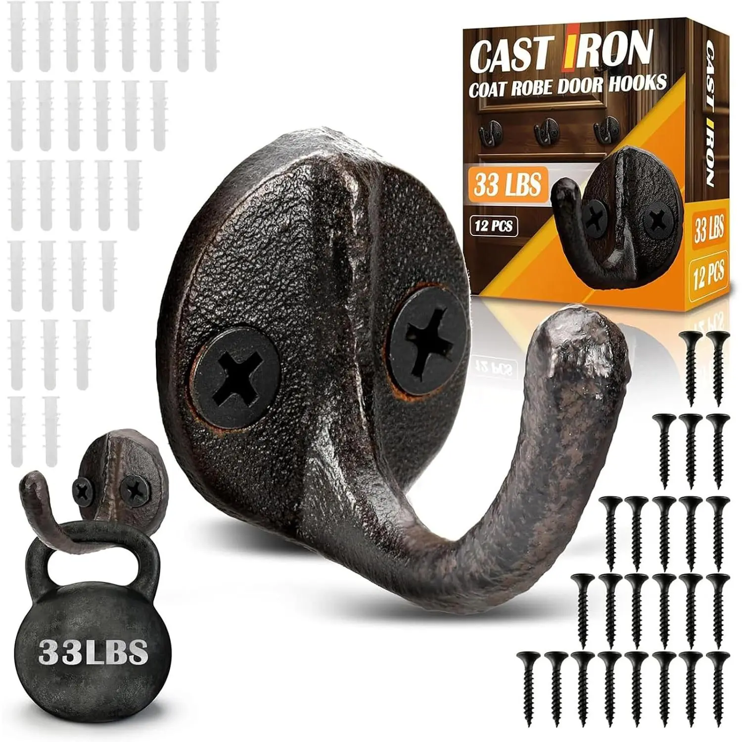 Duraaamo 12 Pcs Rustic Cast Iron Coat Hooks 1.6 x 1.1 Inch Heavy Duty Solid Cast Iron Wall Hook for Robe Door Metal Vintage Farmhouse Wall Mount Hanger with Screw for Hanging Towel Hat Bag Key(Rust)