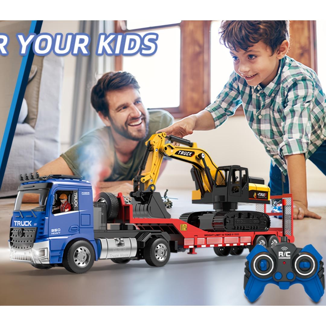 RC semi-trailer truck toy, with excavator set, suitable for boys, battery-powered, USB rechargeable