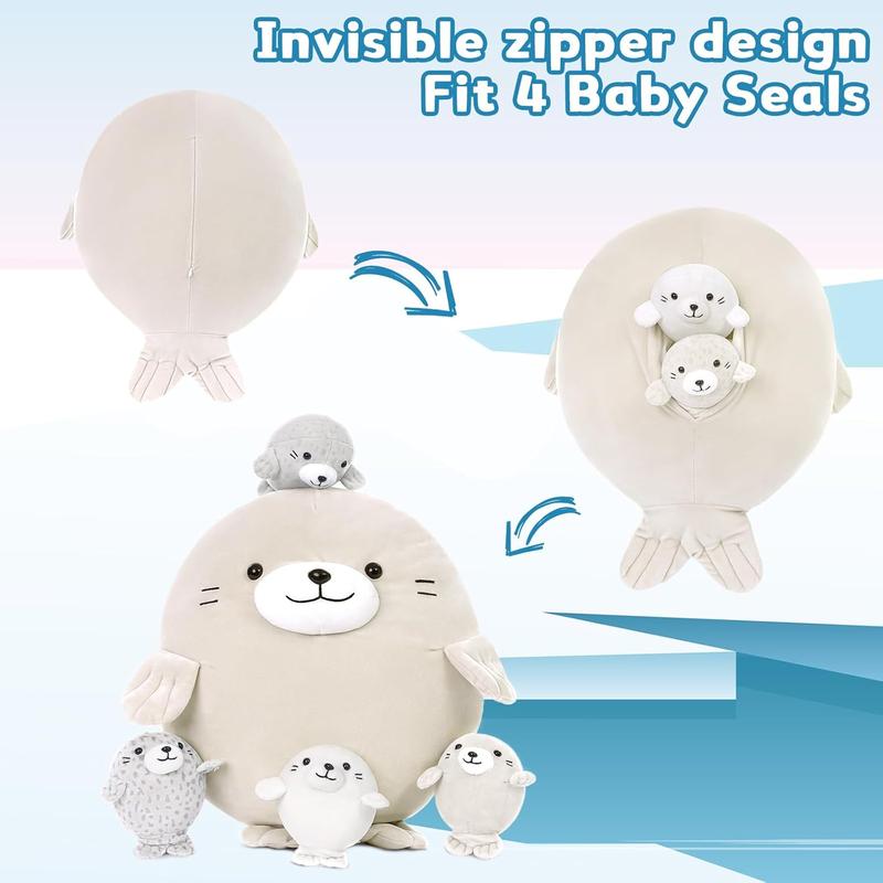 5Pcs Fat Seal Plush with 4 Babies Inside - 20" Giant Ultra Soft Seal Stuffed Animal Throw Pillow - Squishy Mother-Babies Collection Gift for Seal Lover,Kids,Boys, Gray