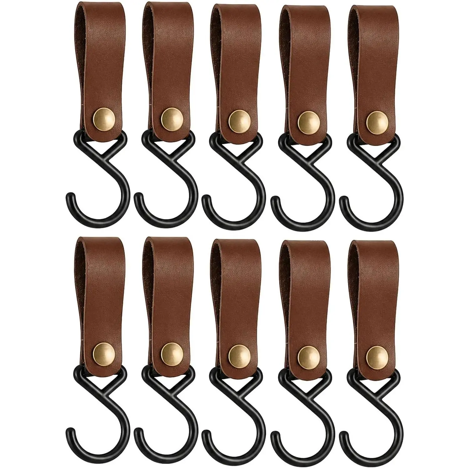 10 Pack PU Leather Snap Button Hanging Hooks, Lightweight Nylon Strap Hooks for Closet Organization, Entryway, Kitchen, Backpack, Car Organizer, Travel, Multi-Use Hooks (Brown)