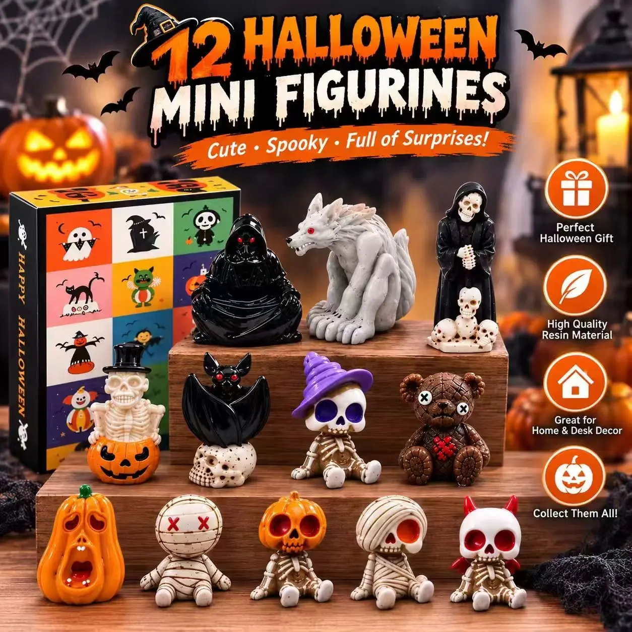 12 Halloween Mini Figurines, Cute Spooky Resin Figures, Random Blind Box Toys, Halloween Party Decor, Pumpkin Ghost Skeleton Witch Bat, Small Tabletop Ornaments for Home, Office, Desk, Kids Gifts, Trick or Treat, Halloween Mystery Box Collectible Set