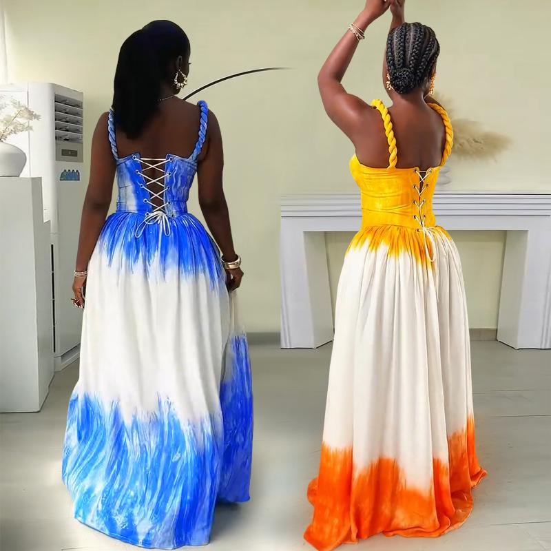 Women's Y2K Blue & White Tie-Dye Halter Neck Maxi Dress - A-Line Floor-Length Beach Dress with Back Tie Closure, Semi-Sheer Sleeveless Design for Vacation, Travel, Daily Outfits - All-Season Casual to Formal Events (Machine Washable) - Turq