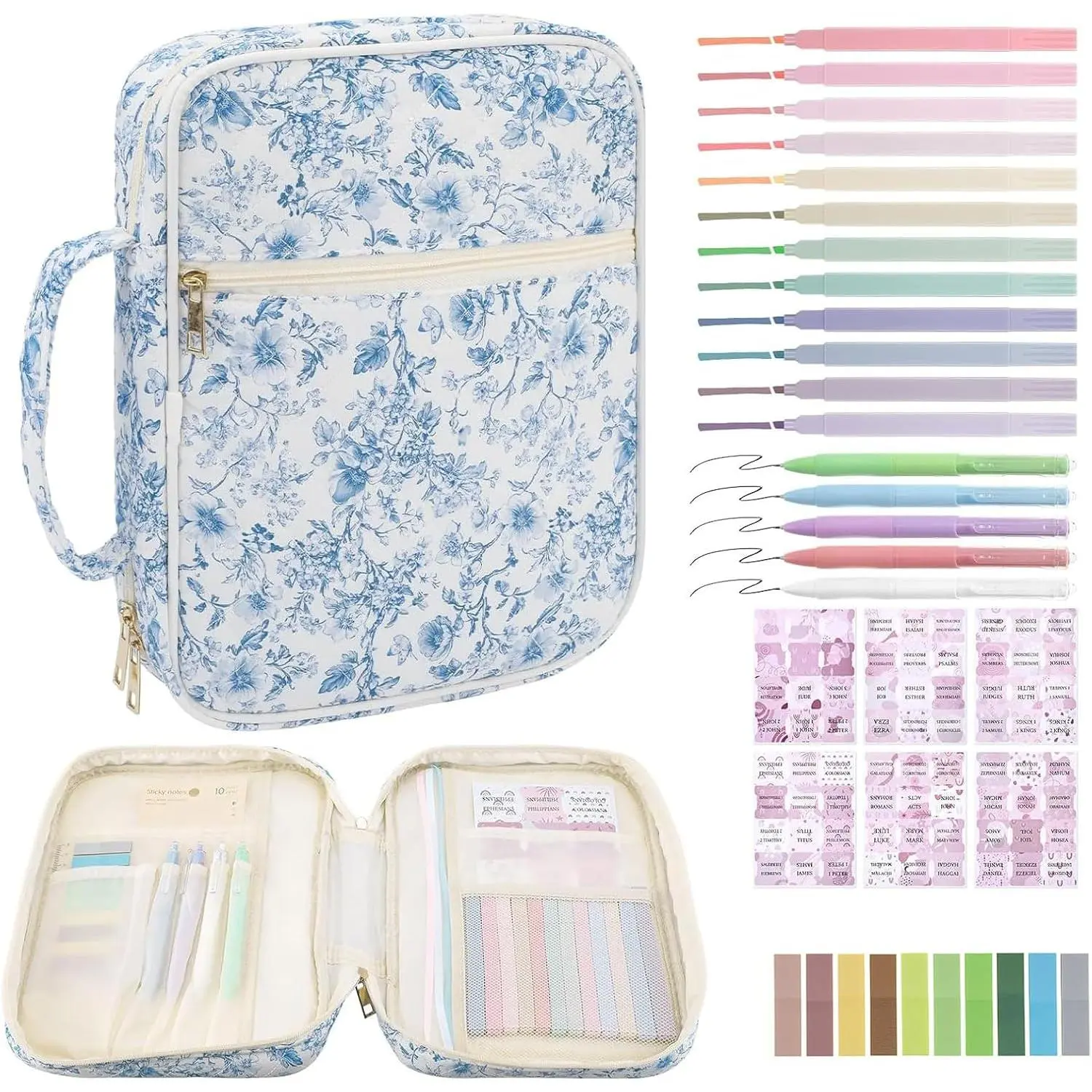 Cover Case for Women, Blue Flower Large  Case Bibles Bag |  study set with pens, markers, tabs and notes, Christian gifts, carry handle, Religious Study Supplies