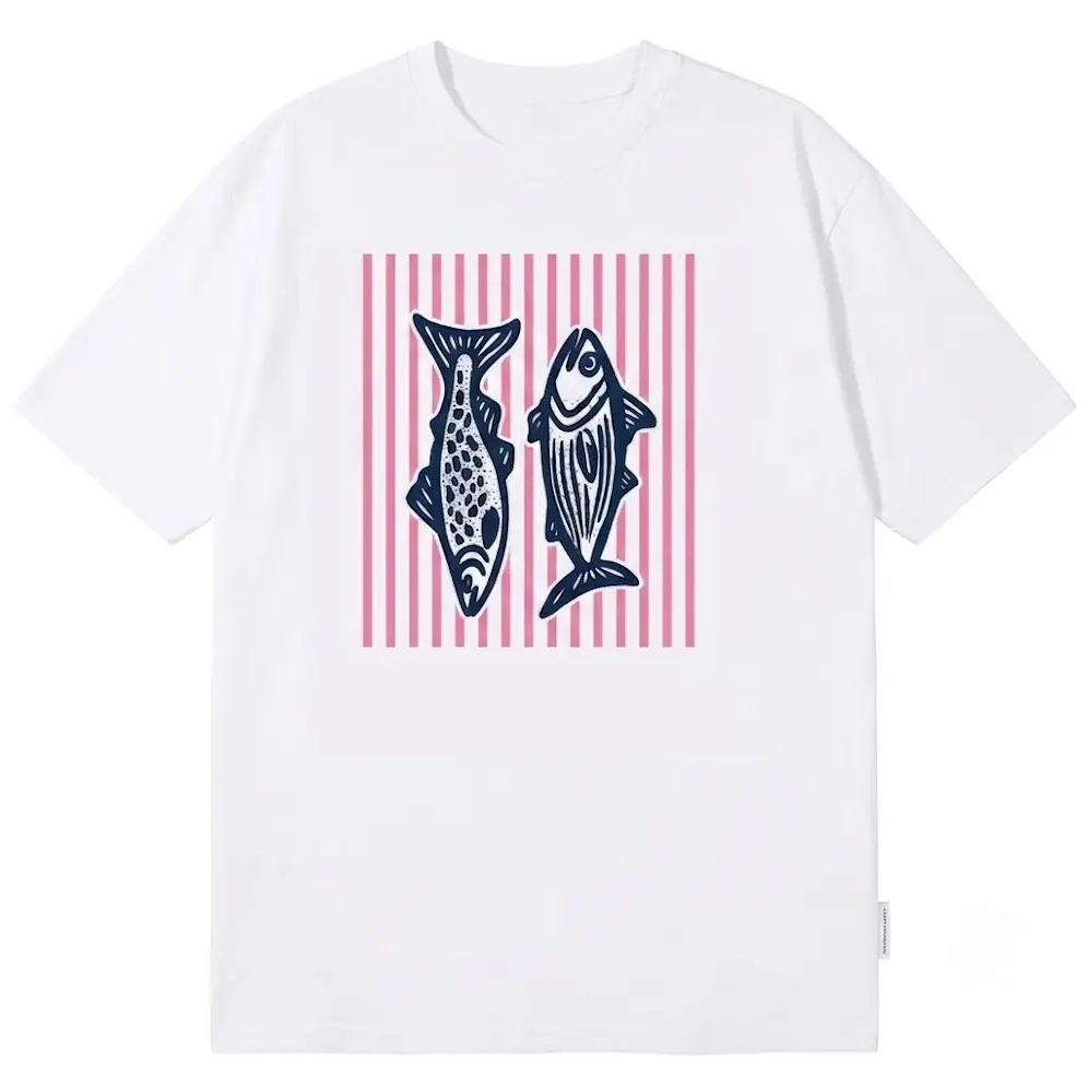 100% Cotton Loose Short-Sleeve Round Neck Striped Shirt, Retro Fish Graphic Unisex Sporty Chic Streetwear Crewneck Tee, Summer Casual Top with Fast US Shipping, Shortsleeve