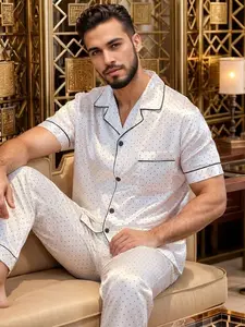 Summer Men's Short Sleeve Long Pants Pajama Set, Dot Pattern Ice Silk Comfortable Home Wear, New Two-Piece Kit with Button Front