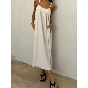 Spring Summer Womens Sleeveless Backless Spaghetti Strap Plain Basic Long Loose Dress Comfortable Breathable Casual Fashion Dress For Ladies Daily Wear Vacation Travel