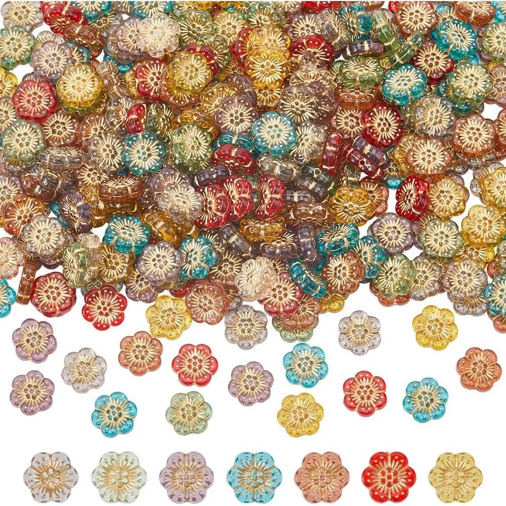 1 Box 300 count Czech Flower Bead  Bohemian Beads Mix  Colorful  Metal Enlaced   Cherry Blossom Floral Spacer Bead for  Making Necklace Earring DIY Craft
