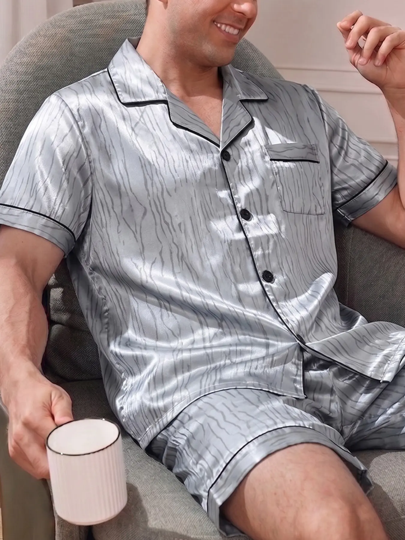 Men's Casual Pajama Set, Tree Bark Texture Print, Short Sleeve & Shorts, Button Front, Comfortable Daily Sleepwear, Fashion Home Clothes, Loungewear, Collared Pajamas