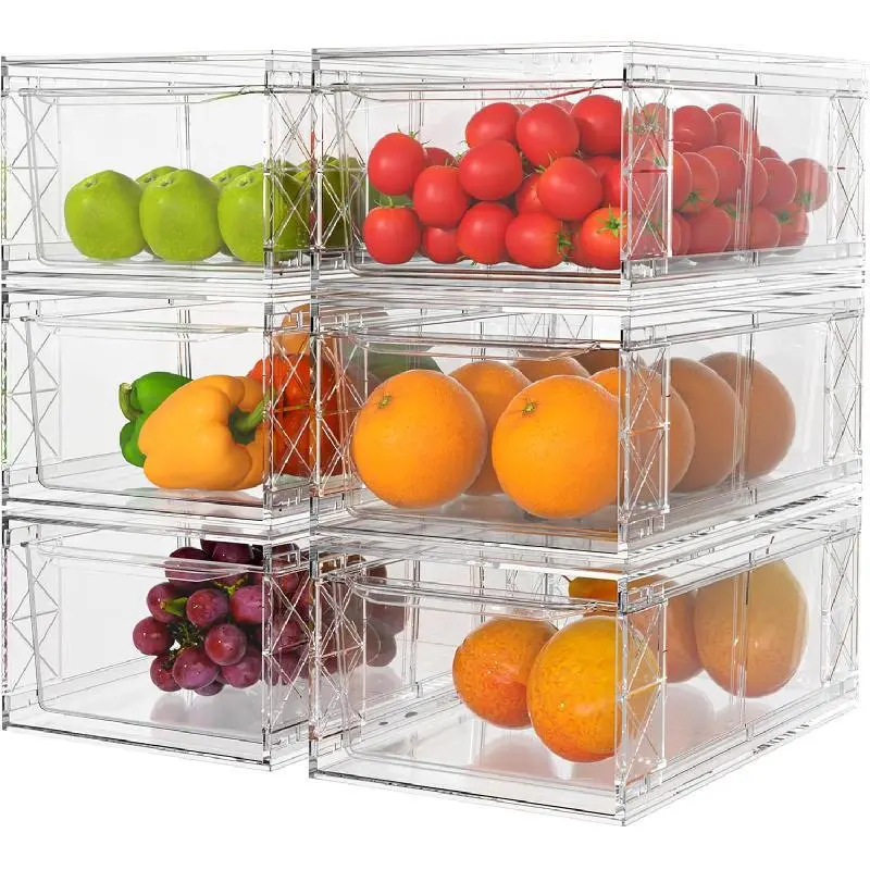 6-Pack Stackable Durable Plastic Drawer Organizer Set - Space Saver, Nestable, Pull-Out Bins with Handles, Adjustable Dividers, Non-Slip Acrylic-Accent Transparent Storage for Kitchen Fridge Organization, Space Saver Open Storage Bins