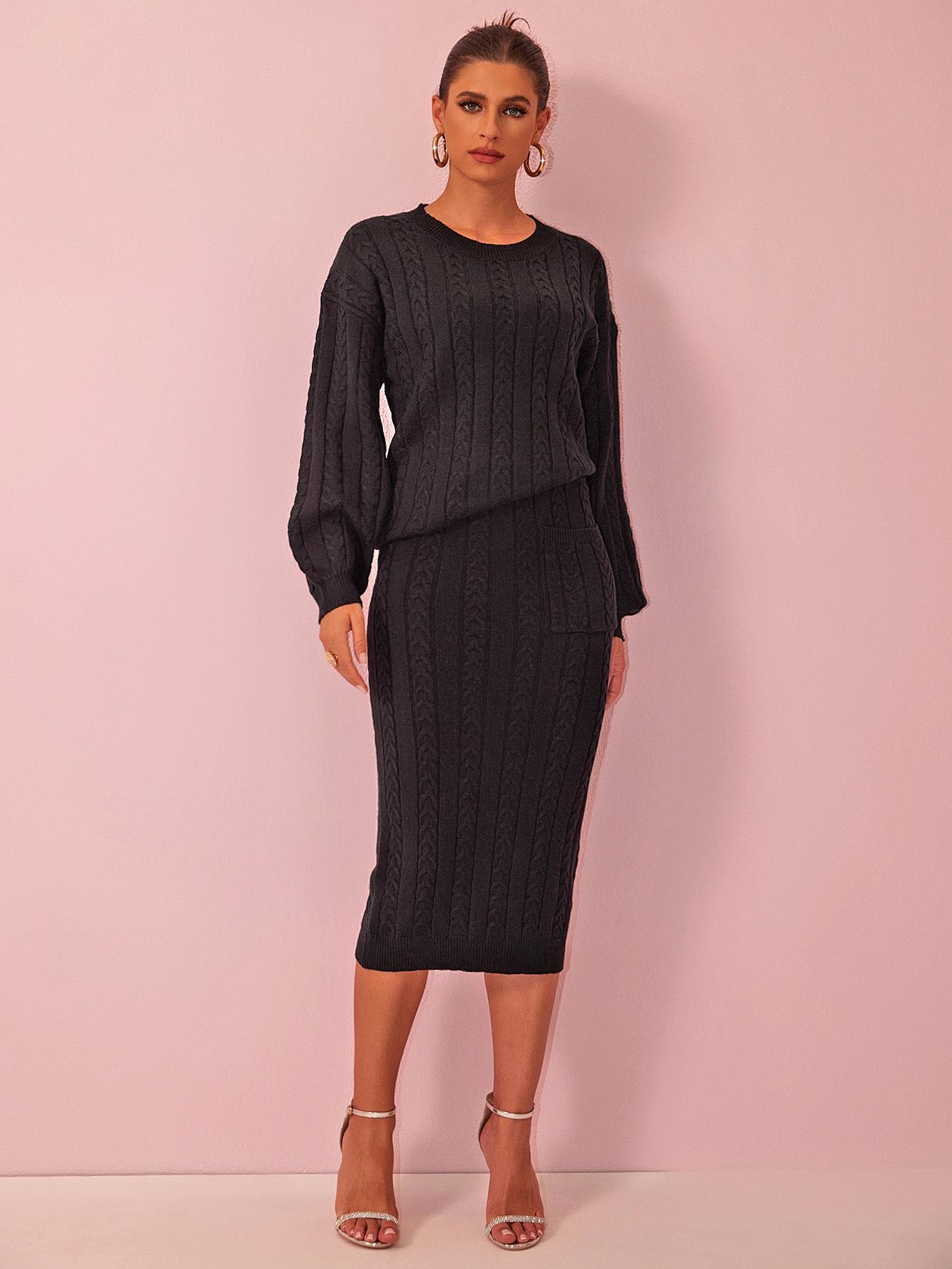 Joyfunear Ladies' casual pure-color knitted sweater & mid-length skirt set