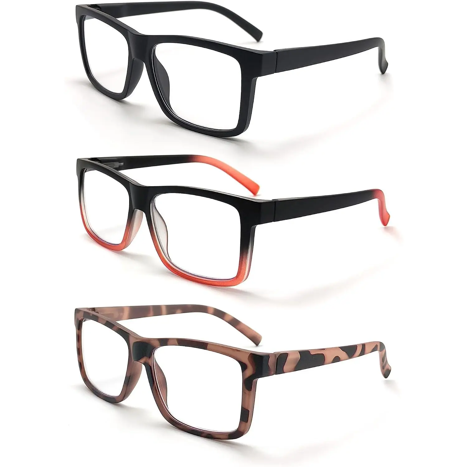 3-Pack Large Square Frame Reading Glasses Men Women Blue Light Blocking Spring Hinge Readers