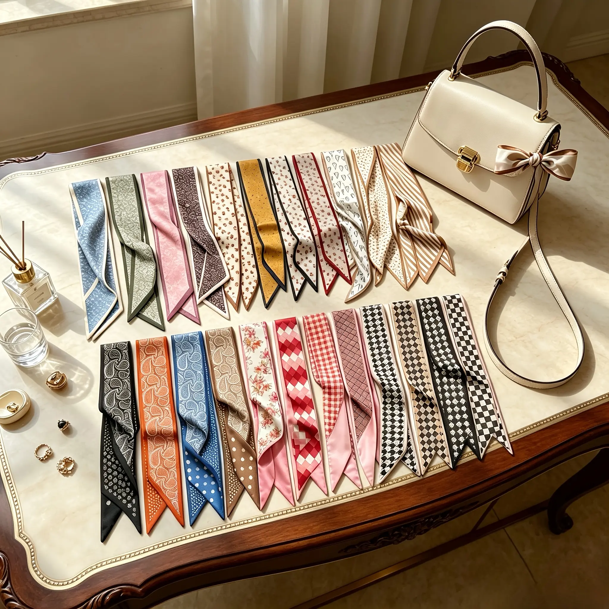 24pcs Fashion Purse Scarves for Women Multifunctional Neck Scarves Purse Scarf Headbands for Bags Hair Accessories