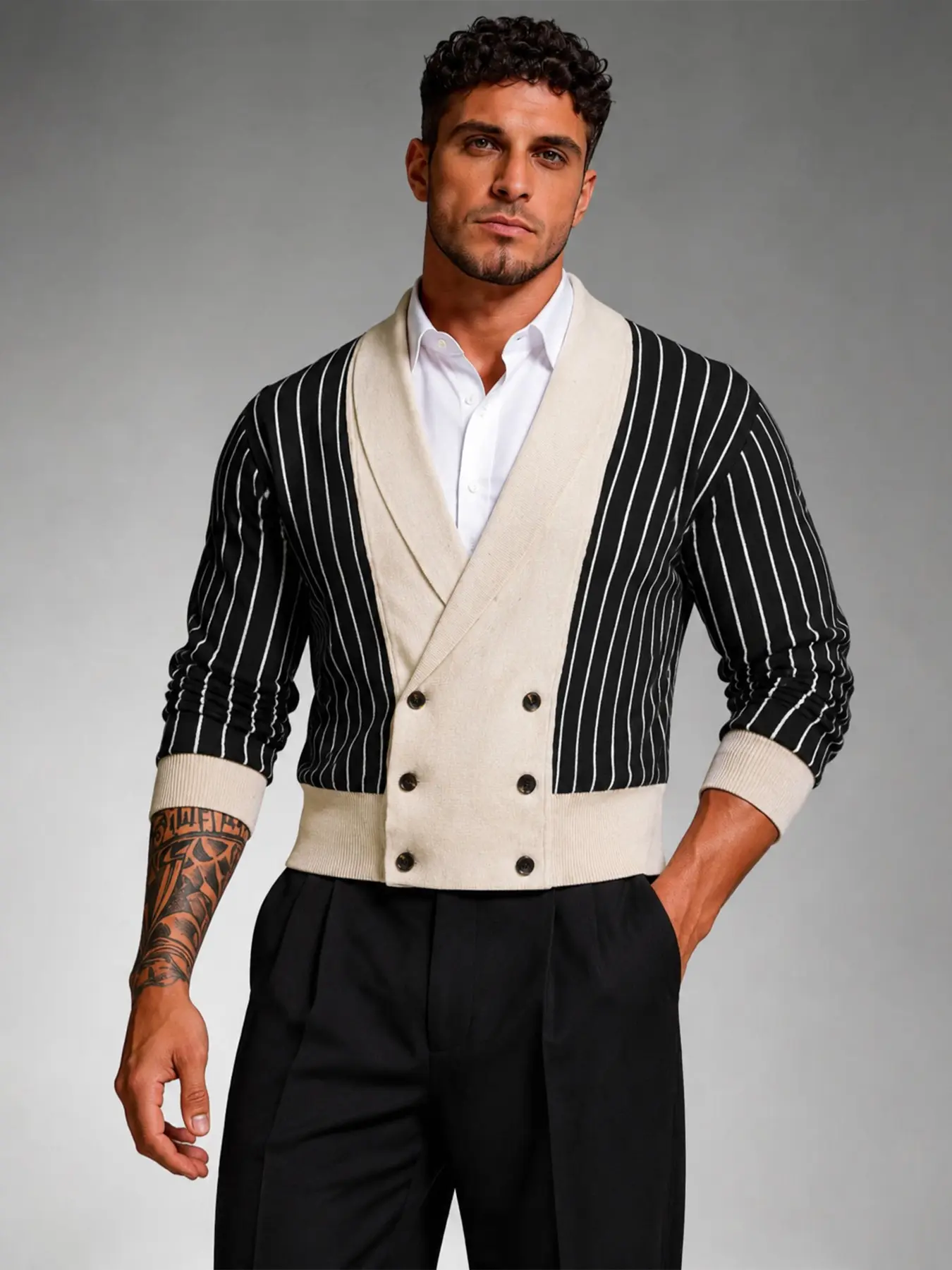 Men's Shawl Collar Double Breasted Striped Knit Cardigan, Color Block Long Sleeve Cropped Knit Sweater, Smart Casual & Business