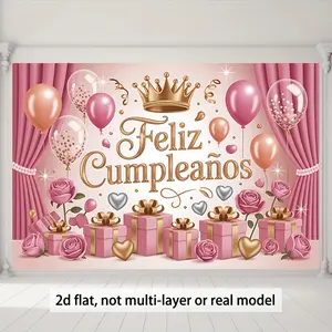 Spanish Happy Birthday Backdrop Pink Gold Party Backdrop Celebration Background Cloth Birthday Tapestry Wall Hanging Photography Background Polyester Fiber Classroom Office Event Party Decor Studio Prop Festive Wall Art