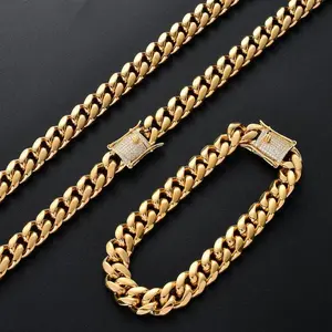 For Mens Boys Soild Stainless Steel 14K Yellow Gold Plated Cuban Miami Chain Necklace And Bracelet Set Hip Hop Jewelry