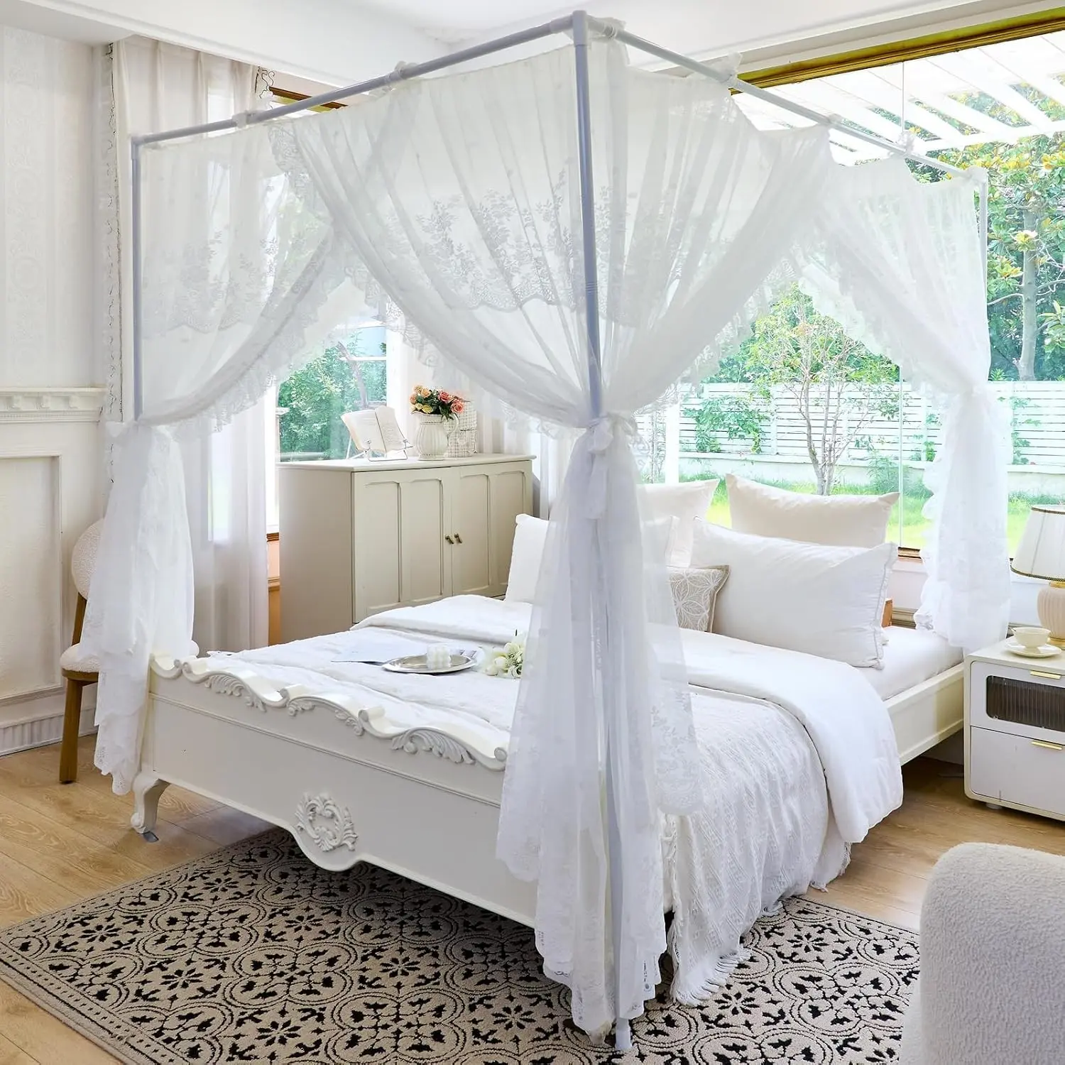 Elegant Polyester 4-Post Bed Canopy Mosquito Net - Adjustable, Botanical, Breathable Full Size White1 Indoor Furniture for Bridal Wedding Bedroom Decor, Kids Room