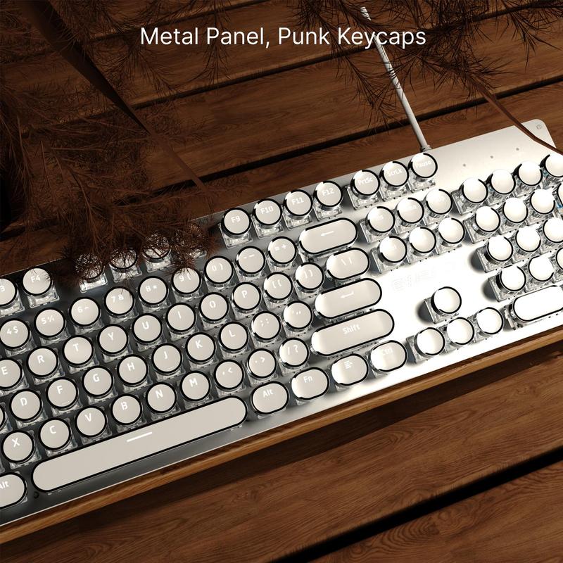 EWEADN TK100 Punk Typewriter Mechanical Gaming Keyboard, Mechanical Keyboards, All-metal Panel 104Keys Wired Retro Punk Keyboard, with White Backlit USB Wired Keyboard
