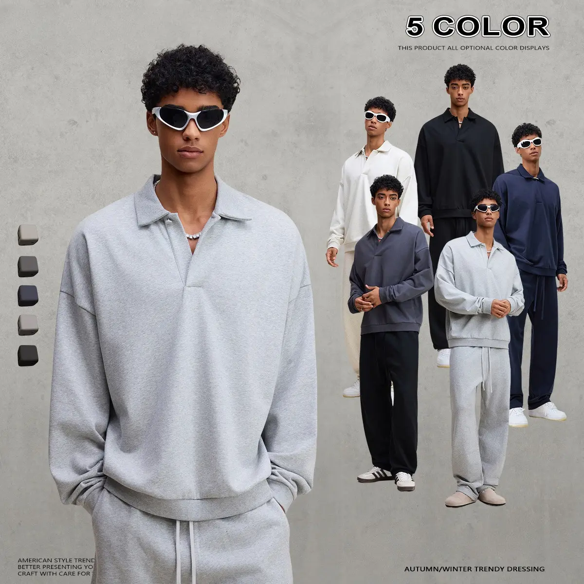 Men's Heavyweight Fleece Polo Sweatshirt, Oversized Lapel Long Sleeve Pullover, Loose Drop Shoulder Casual Sweat Top, American Retro Streetwear Fall Winter Basic Polo Shirt