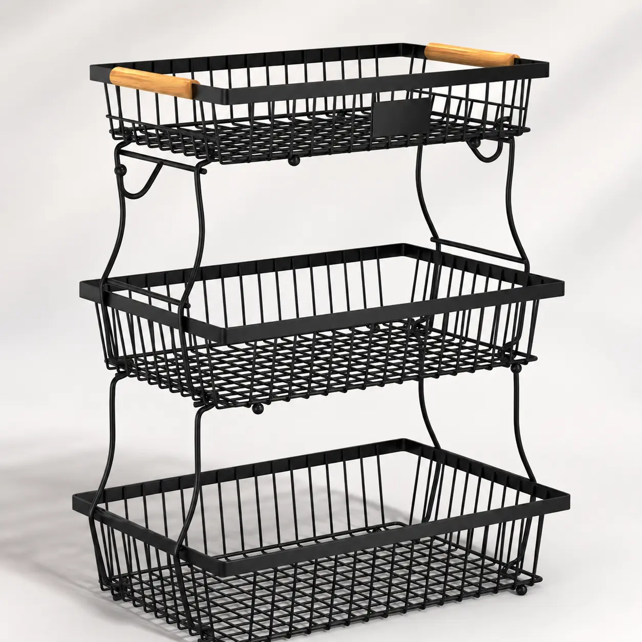 3 Tier Fruit Basket for Kitchen Counter with 2 Banana Hangers, Countertop Metal Produce Basket with Wooden Handles,coffee,snack