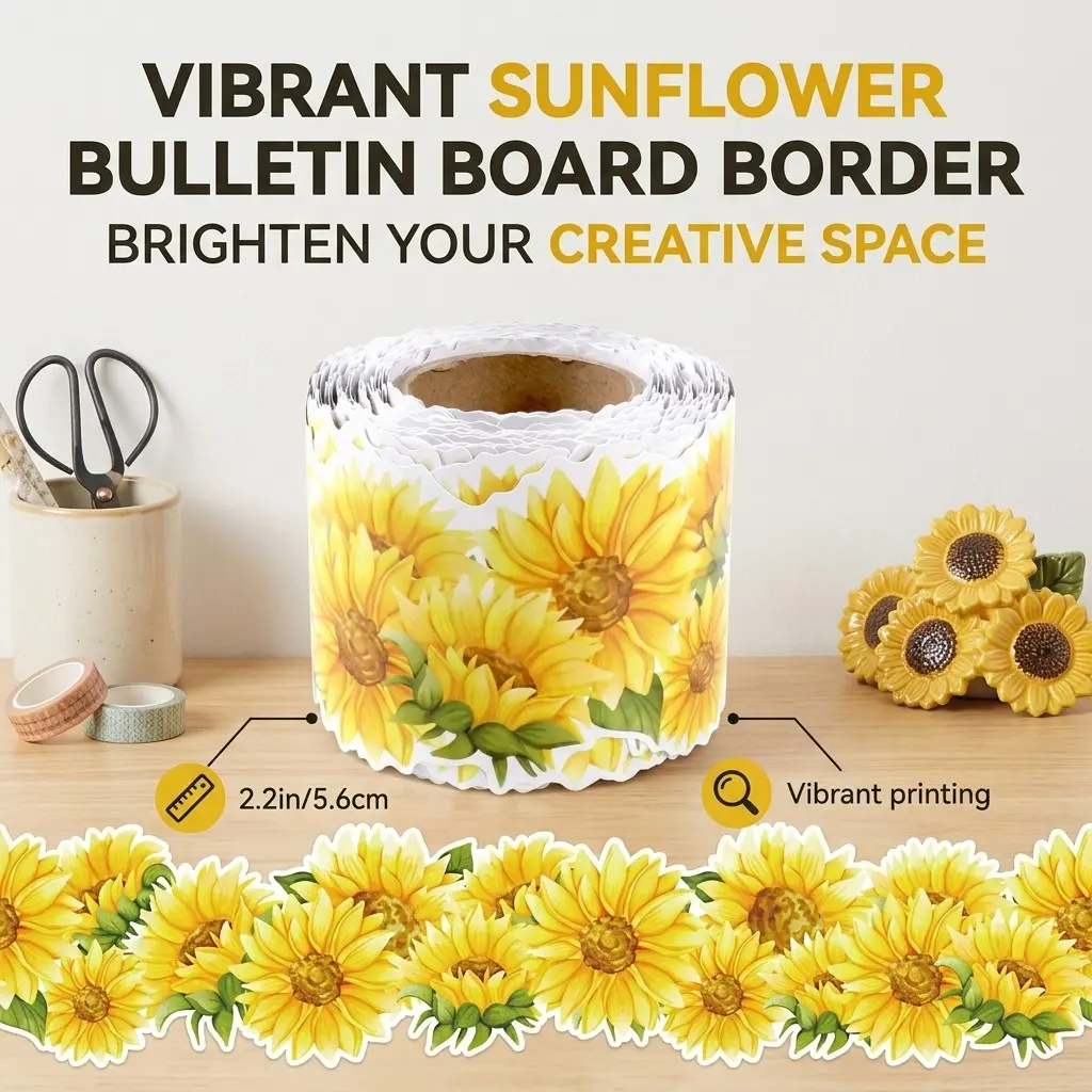 Sunflower Theme Bulletin Board Decor, Bright Sunflower Design, Free Cut Edge, Classroom Decoration, Party Setup, No Adhesive