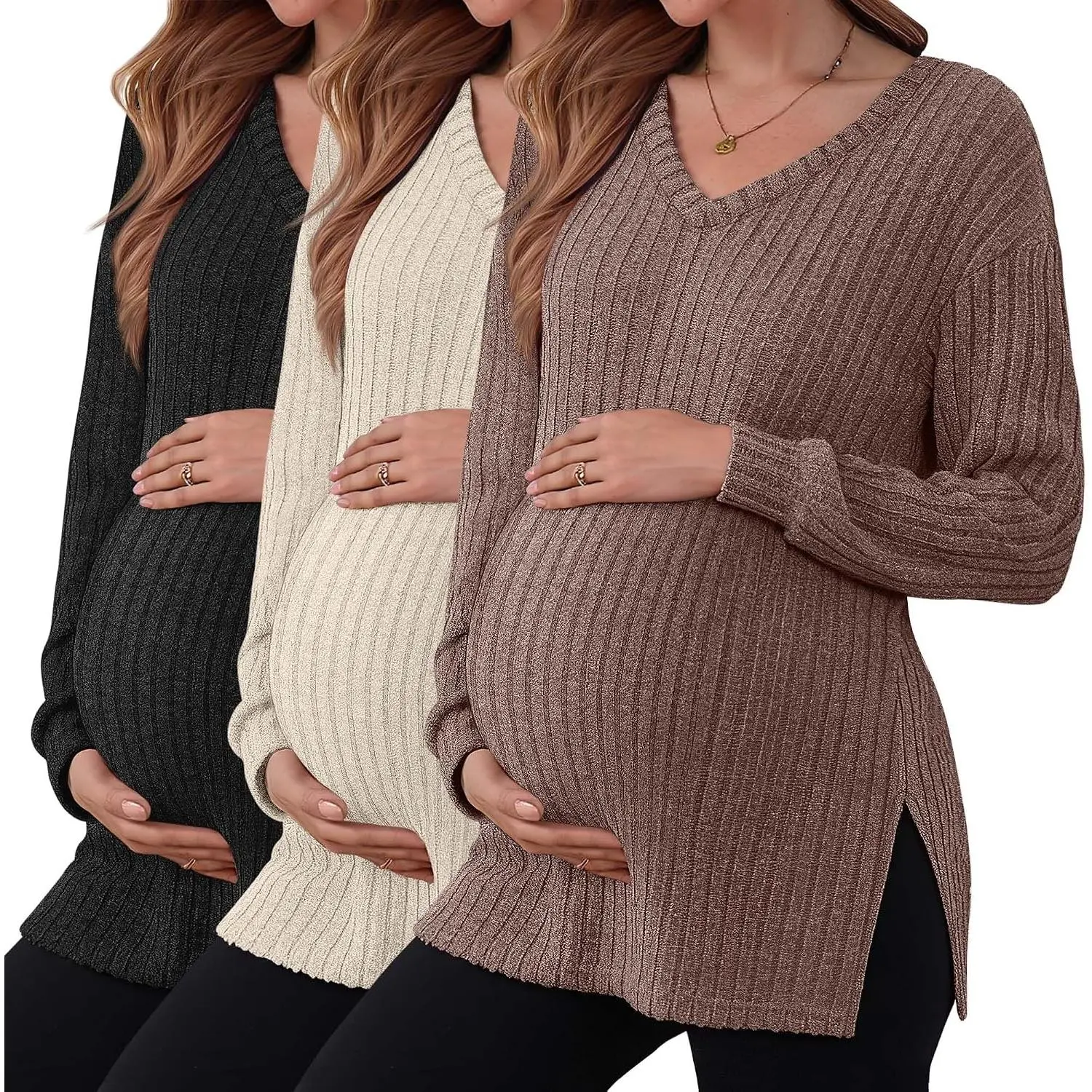 3 Pack Maternity Sweaters Winter Clothes | Long Sleeve, V-Neck, Pregnancy Sweaters, Side Split Shirts, Pregnant Fall Winter Clothes, Ribbed Maternity Tops, Casual, Work