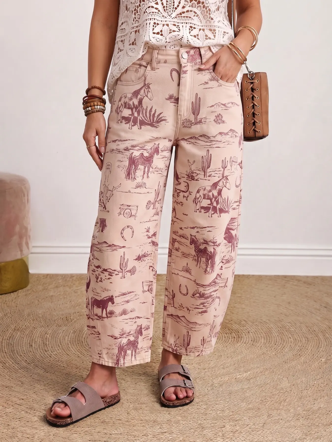 Women's All Over Print Mid-Waist Barrel-Leg Jeans, Casual Loose-Fit Button-Fly Denim Pants for Everyday Wear, Comfortable and Stylish Bottoms