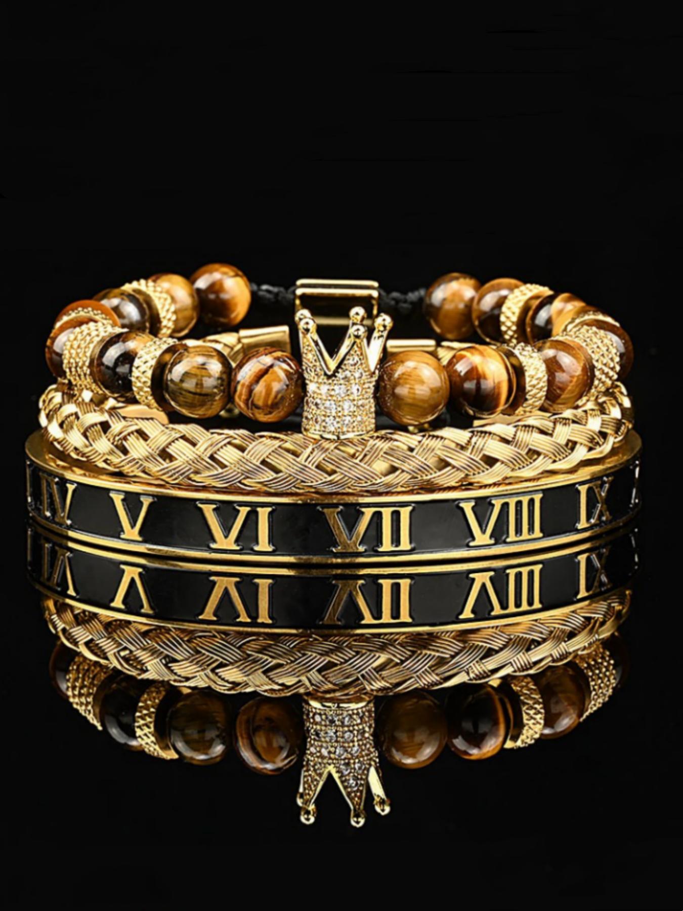 Men's Black Onyx Bracelet Set, Rhinestone Crown Decor Beaded Bracelet, Braided Bracelet, Rhinestone Decorated Bracelet, Bracelet for Men, Jewellery Accessories for Gift, Accessories, Bracelets