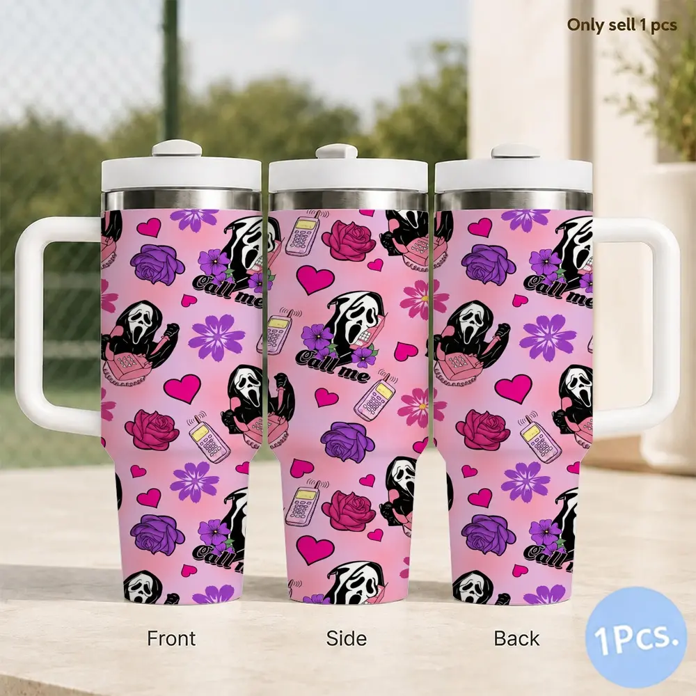 Halloween ghost grimace Scream Vacuum Flasks 40oz Insulated Tumbler with Handle and Straw, Stainless Steel Large Capacity Water Cup with Lid, Car Cup Holder Friendly, Reusable Tumbler Gift for Women and Friends