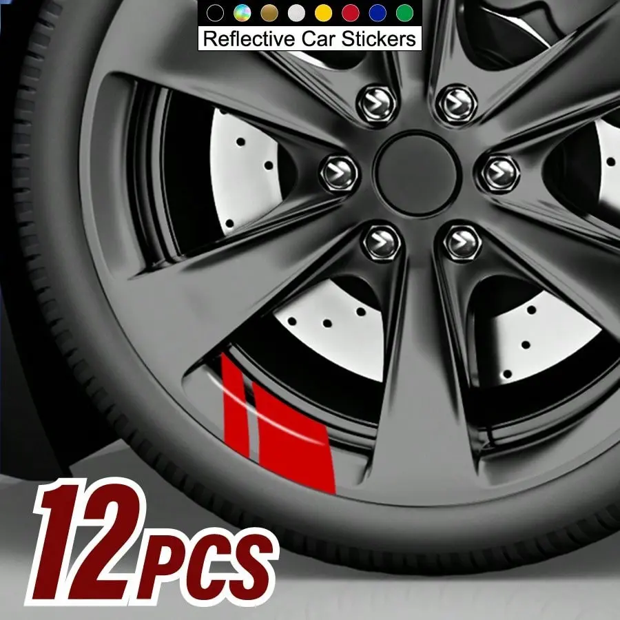 12pcs Car Decal Stickers, Sport Reflective Car Wheel Rim Vinyl Stickers, Hash Mark Stripe Racing Wheel Hub Decals, Car Accessories