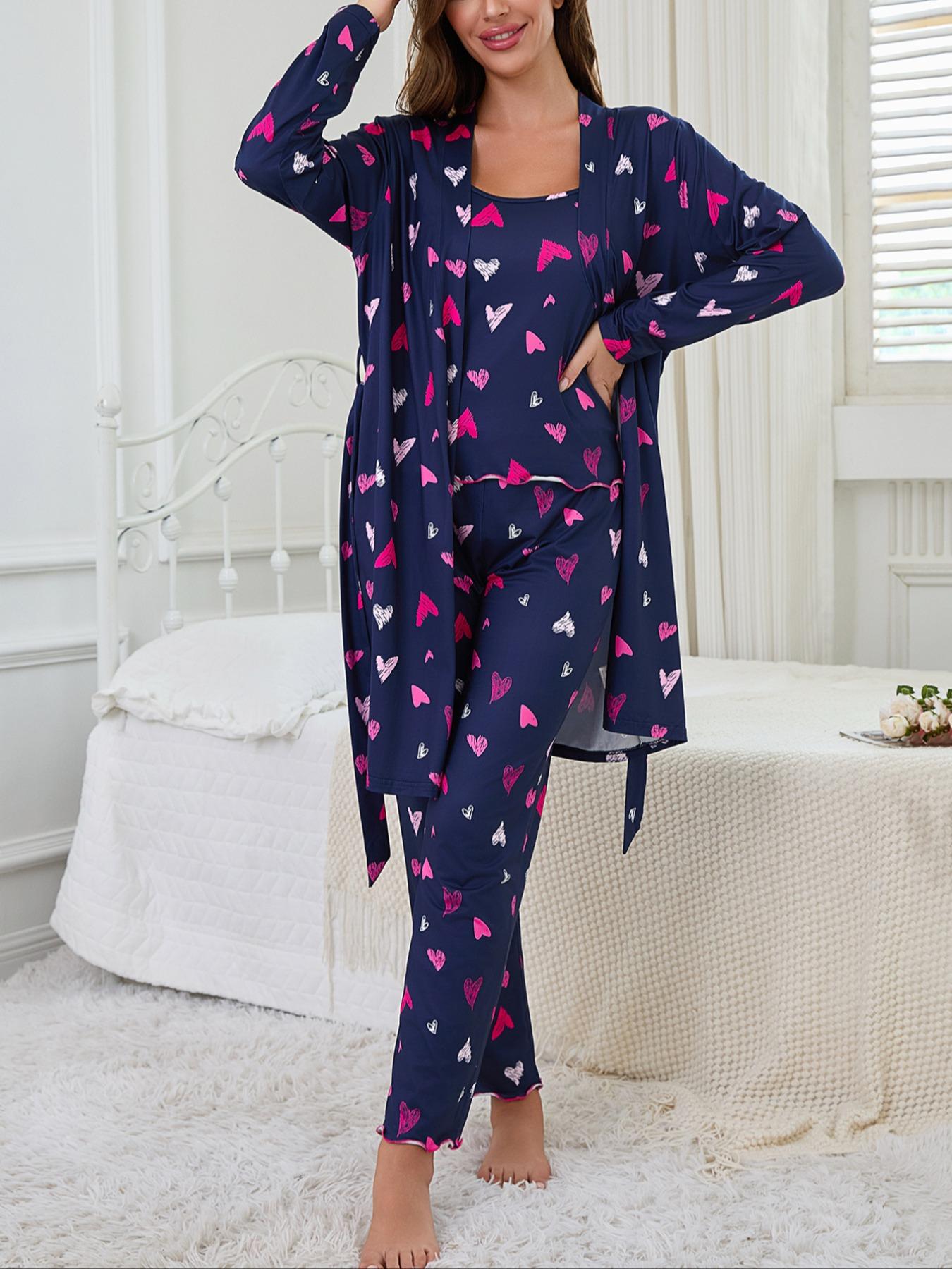 Women's Heart Print Robe Set with Tank Top & Leggings, Comfortable Casual Home Wear, Fall Winter Fitted Sleepwear, 3 Piece, Soft Lounge Sets