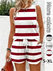 Twopieceset Women’s Striped Print Tank Top & Shorts - Casual Loungewear Pajamaset for Women, Summer Vibes Streetwear Outfit, Perfect for Vacation & Daily Loungewear Dealsforyoudays