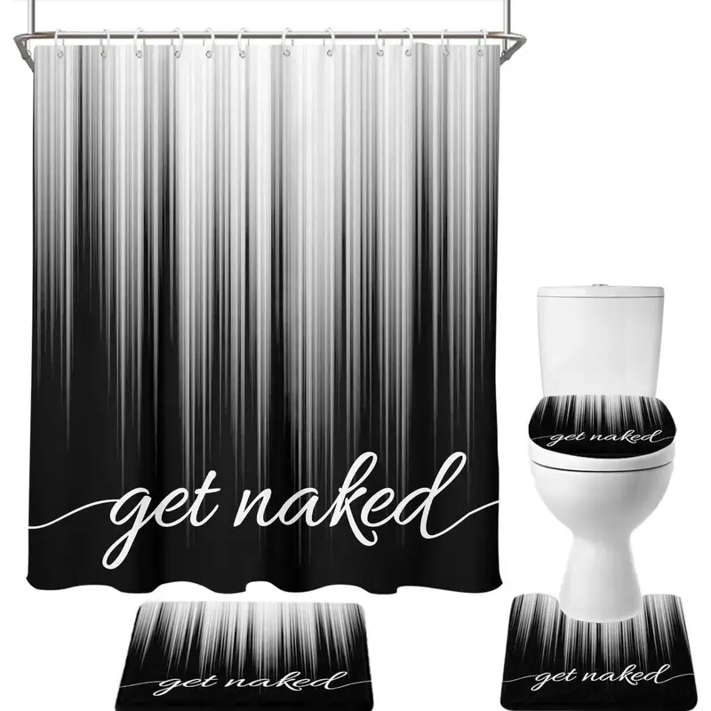 4 count Black and White Shower Curtain Set Get Naked Grey  Ombre Abstract Striped 60Wx72L Curtains Decor with Non-Slip Rugs, Toilet Lid Cover and Bath Mat Bathroom Accessories, Modern