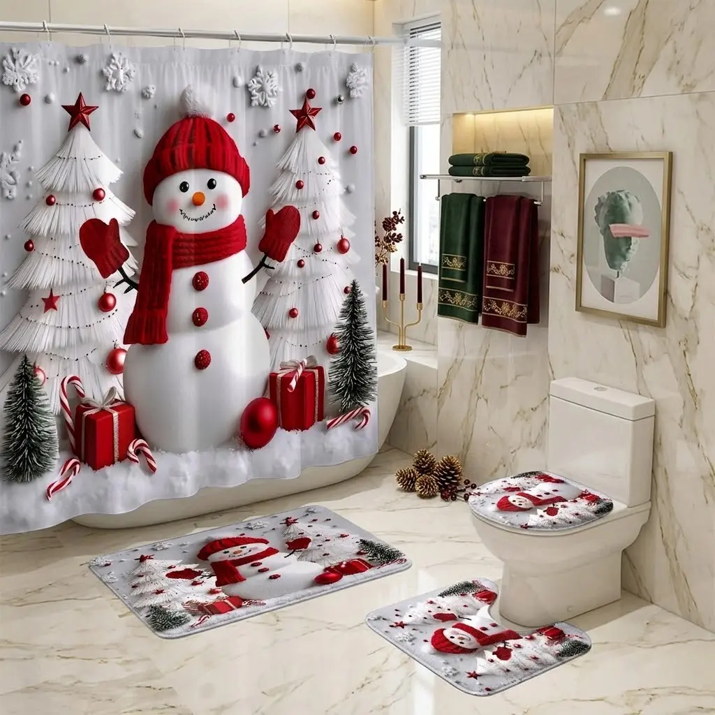 4pcs snowmen, white pine trees, snowflake gift box shower curtain set, winter snowy Christmas print bathroom set, with toilet lid cover and matching bathroom mat, thicker and softer bathroom mat fabric! Stylish Christmas bathroom decor