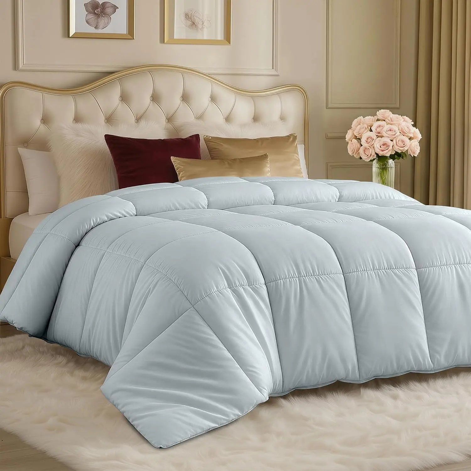 Bedding Comforters Queen Size, All Season Duvet Insert, Down Alternative Box Stitched Bed Comforter with Corner Tabs, Machine Washable (Light Grey) |   Cozy All Season Comforter for Kids, Boys, Girls, and Teens, Down Alternative Fill, Soft Microfiber Shel