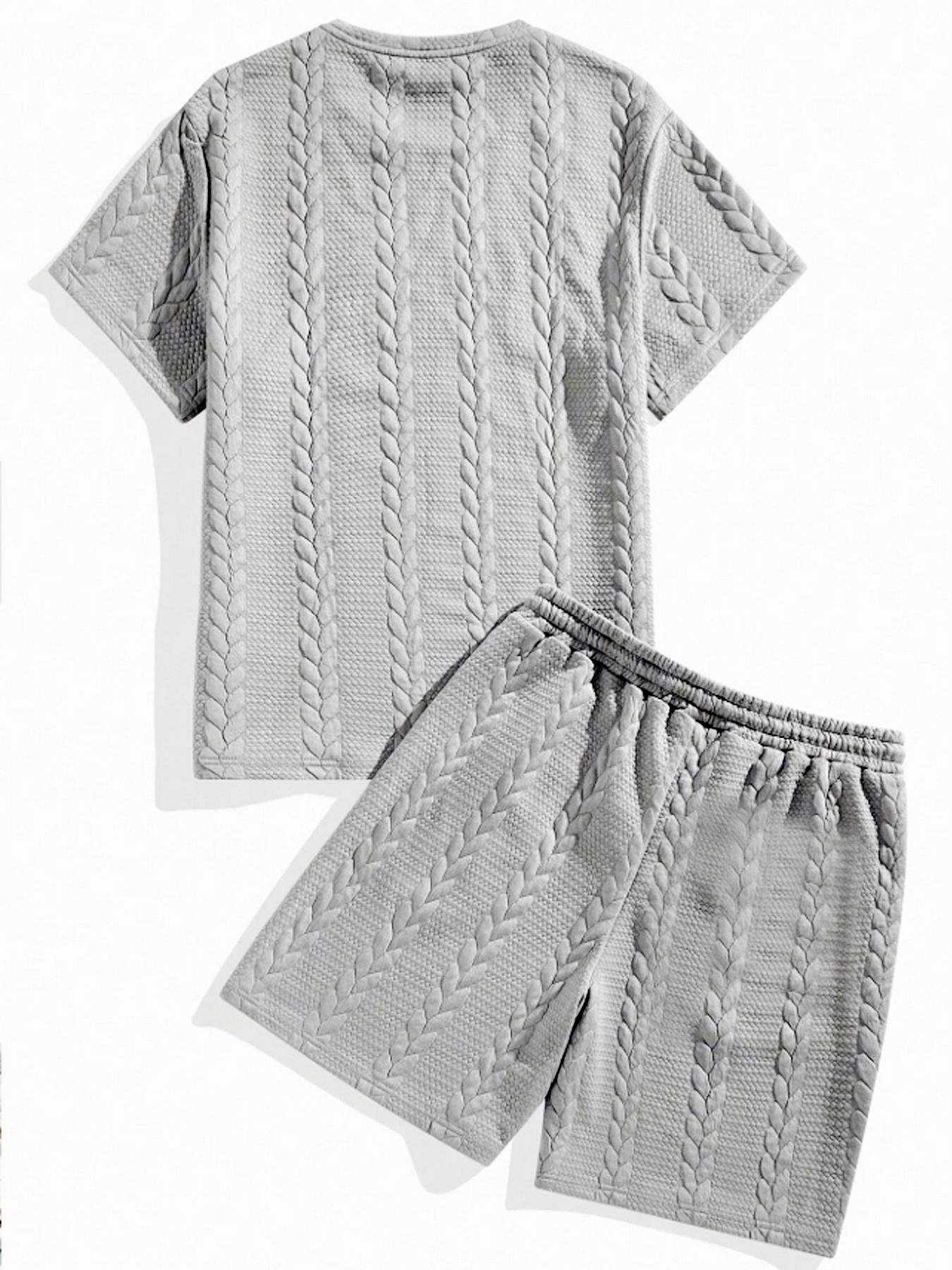 Men's Solid Textured Patched Tee & Drawstring Waist Shorts Set, Regular Fit Casual Round Neck Short Sleeve T-shirt & Pocket Shorts, Men's Summer Clothes