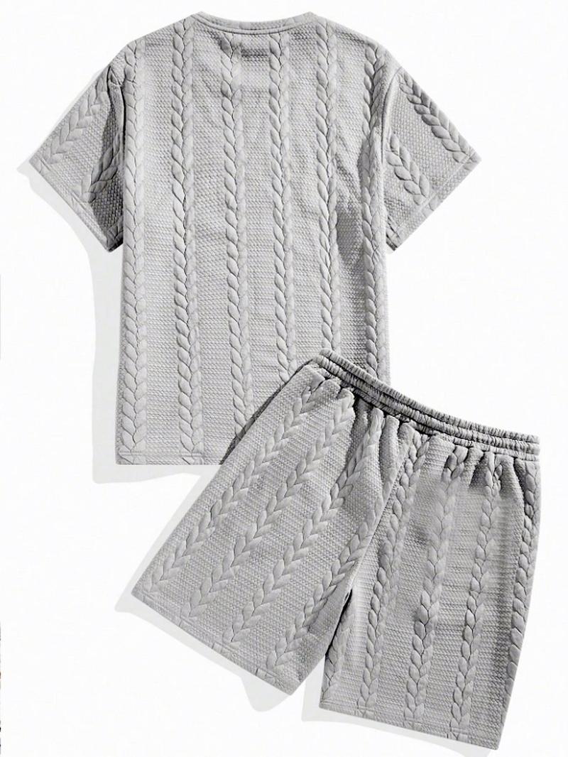 Men's Solid Textured Patched Tee & Drawstring Waist Shorts Set, Regular Fit Casual Round Neck Short Sleeve T-shirt & Pocket Shorts, Men's Summer Clothes