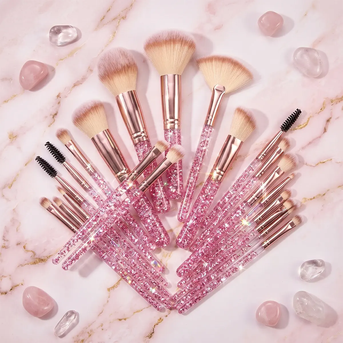Pink Crystal Glitter Makeup Brush Set — 18pc Professional Rose Gold Brushes for Face & Eye Beauty Brush Set