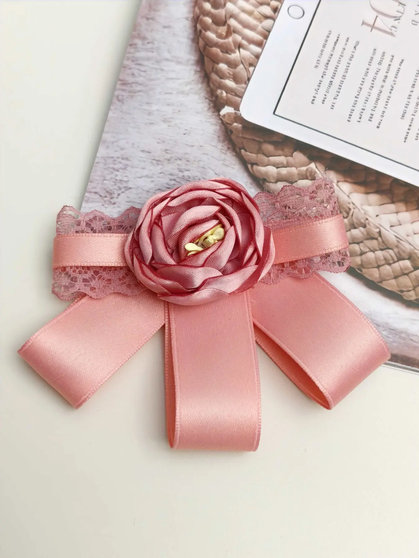 Coquette Satin Lace Rose Bow Tie, Three-Layer Long Ribbon Butterfly Knot, Adjustable Elastic Strap, Perfect for College Shirts & Knit Dresses