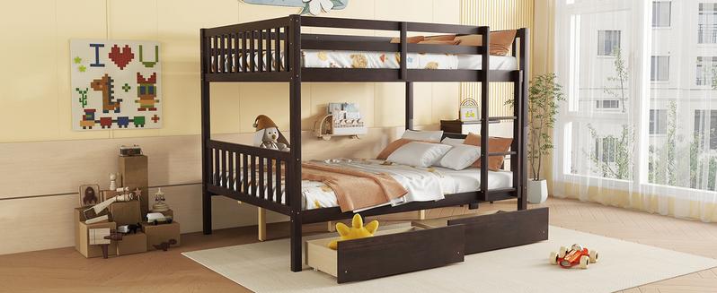full Over full Rubber Wood Bunk Bed with 2 Drawers, Convertible into 2 full Beds, full Size Bunk Bed with Ladder and Safety Guardrails ,Espresso