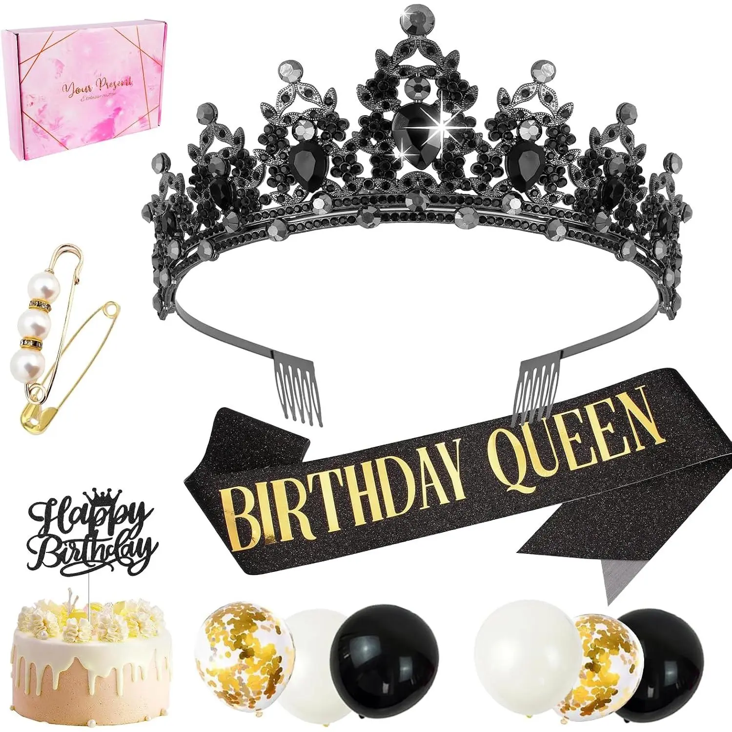 10- Birthday  Set - Black Glitter Crown & Sash, a  Pin, "Happy Birthday" Cake Topper, 6 Latex Balloons - -in- Birthday Party Decorations Kit for Women (Black)