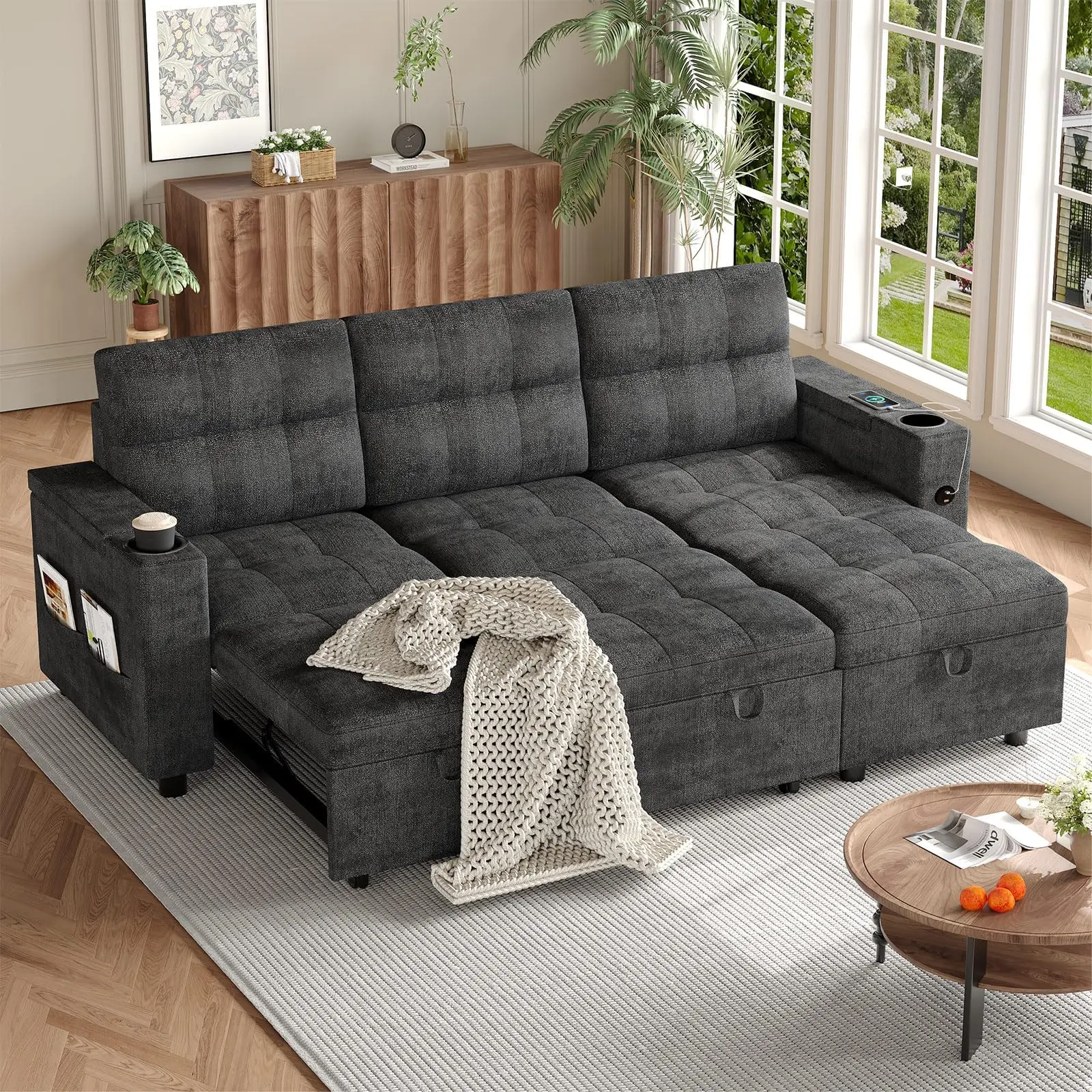 Velvet Sectional Sofa Bed with Chaise Lounge,l-Shaped Sectional Sleeper Sofa with Pull Out Bed，Reversible Storage Chaises,Hidden Storage Armrests,Cup Holders & USB Charging Ports