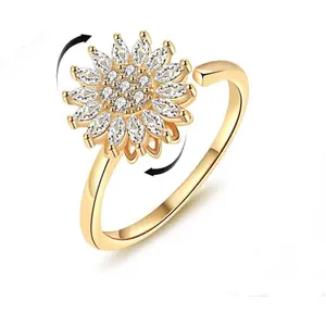Gold Sunflower Anxiety Relief Ring, Rotatable Fidget Toy, CZ Crystal Adjustable Open Ring, Suitable for Men and Women