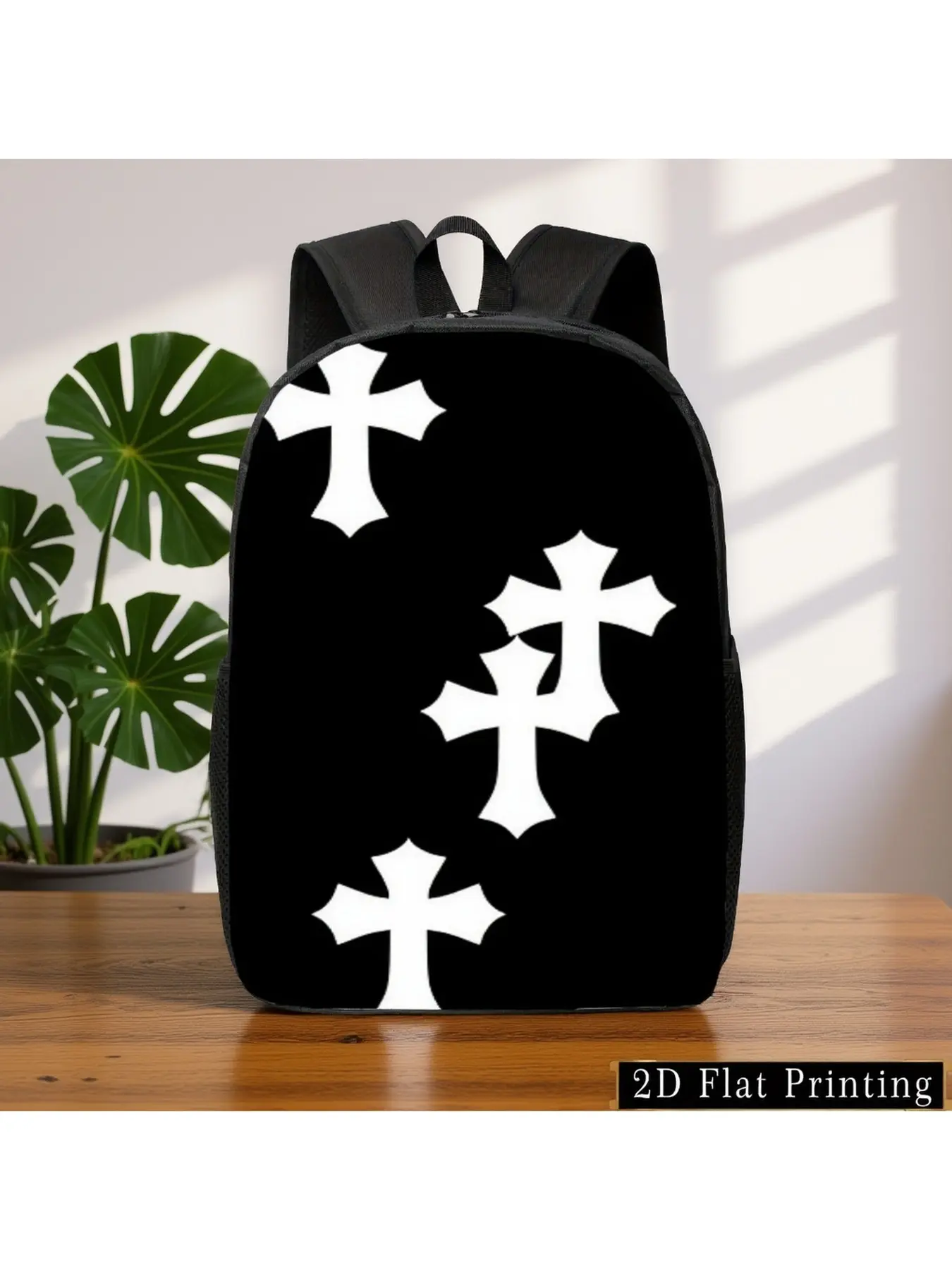 1pc Single-Sided Student Backpack with  Print and Zipper, Black Cross Pattern, Multi-Purpose Backpack for Commuting, Fitness, Business Trips, Shopping, Camping, and Street Style, Featuring Shoulder Strap, Back and Waist Protection Design, Casual Backpack