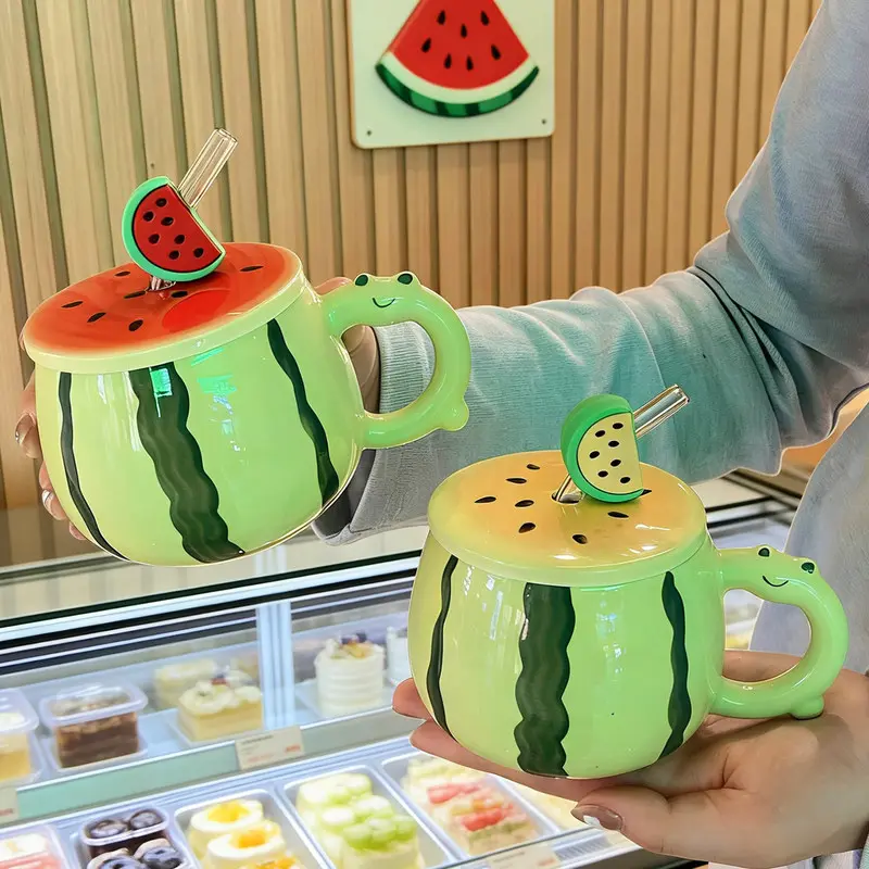 Hand-painted watermelon striped ceramic mug, creative fruit exterior, juice/cold drink, straw cup, cartoon drinking cup