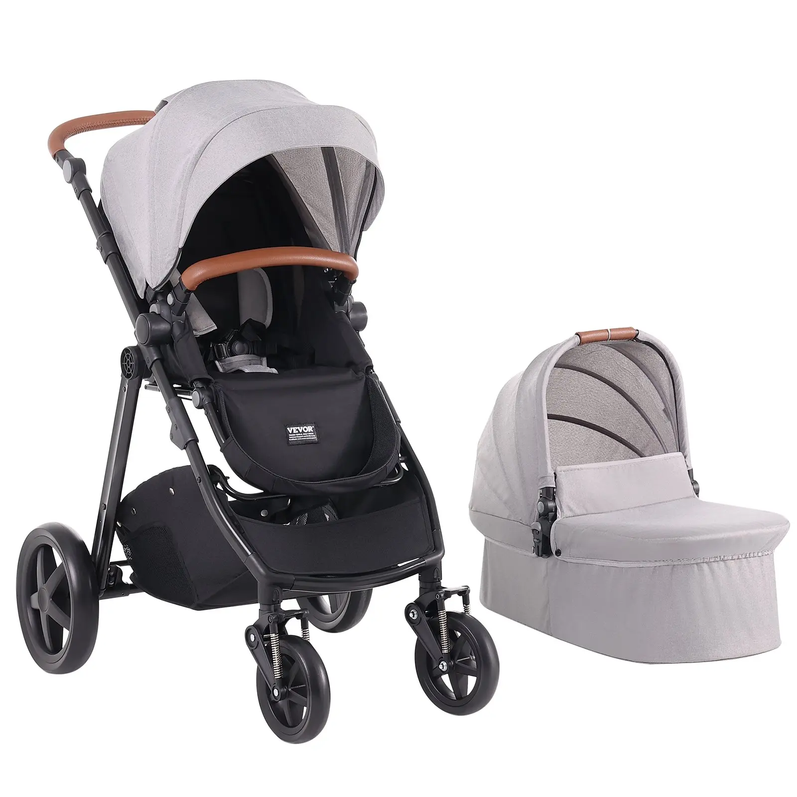 VEVOR 2-in-1 Travel System Stroller with Safe Infant Bassinet, Reversible Adjustable Seat, Compact 1-Button Folding, Breathable Oxford Fabric, Convenient EVA Tires with Brake, Aluminum Car Seat Combo Set (Light Gray)