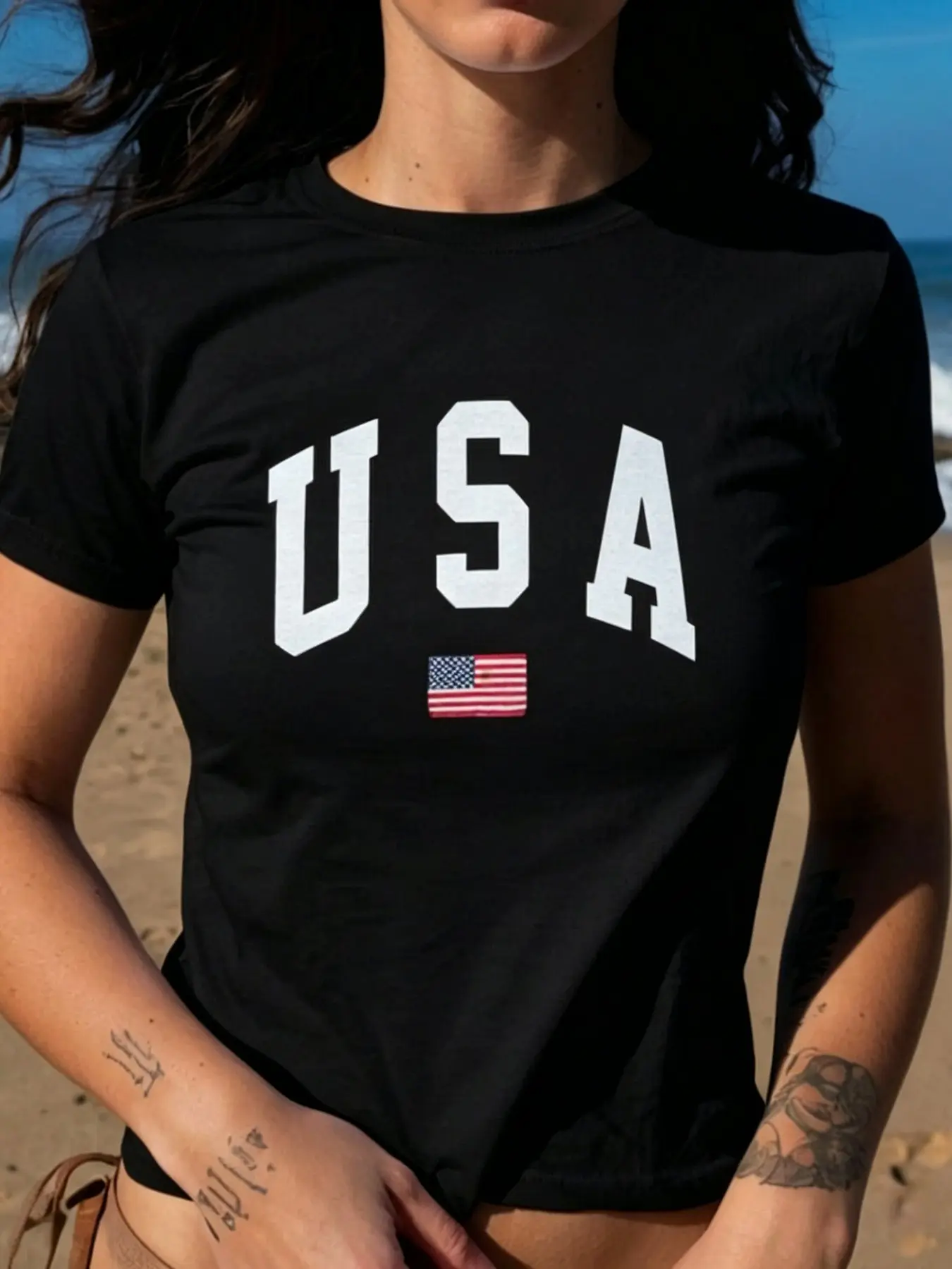 Vintage USA Flag Letter Print Stretch Jersey Y2K Slim Crop Top,Women Patriotic 4th Of July Outfit Short Sleeve Crewneck Tee,Summer Beach Party Streetwear Casual Daily OOTD Graphic Crop T-Shirt,Breathable Stretchy Slim Fit Cropped Blouse For Independence