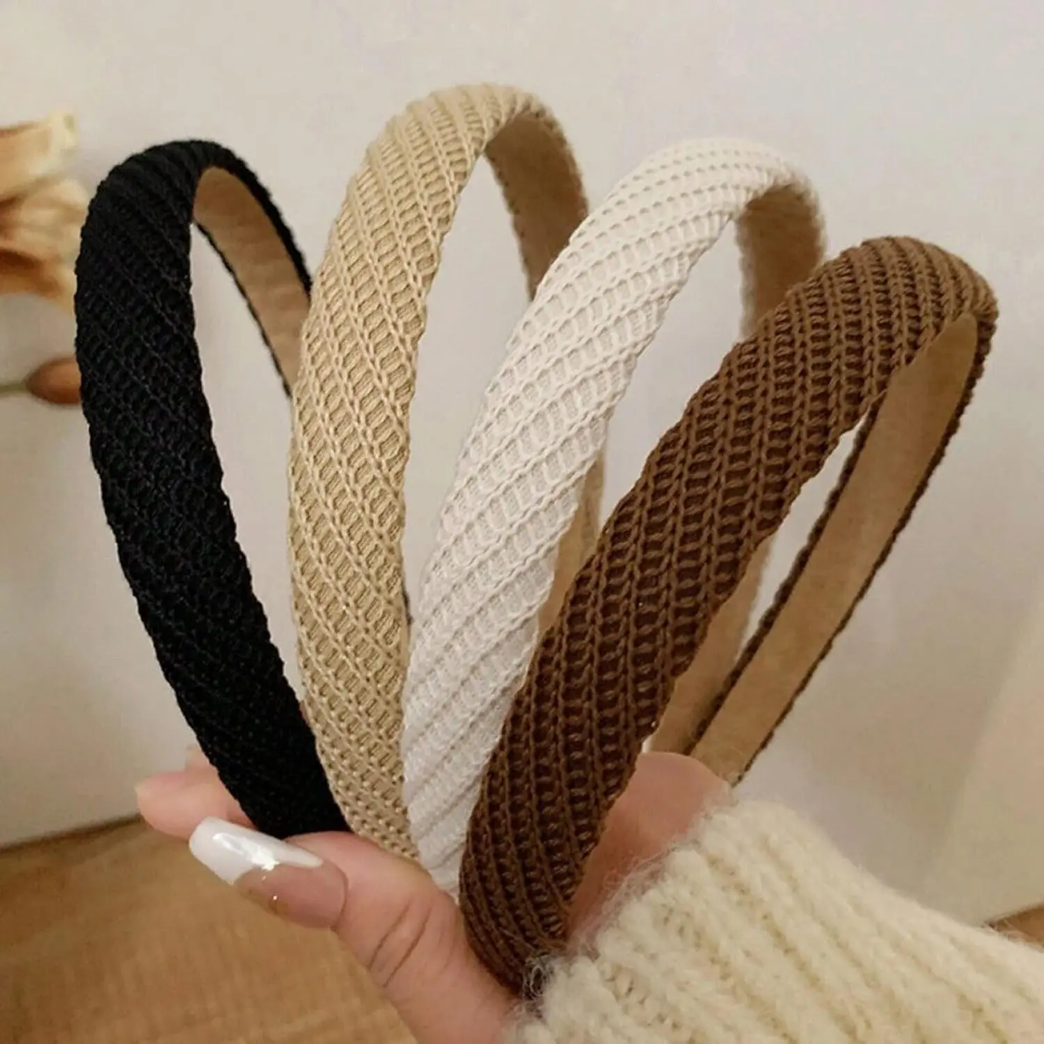 Women's Thin Knit Fabric Hairbands - Non-Slip, Cute Solid Color Hair Accessories (4 PCS), Thin Band