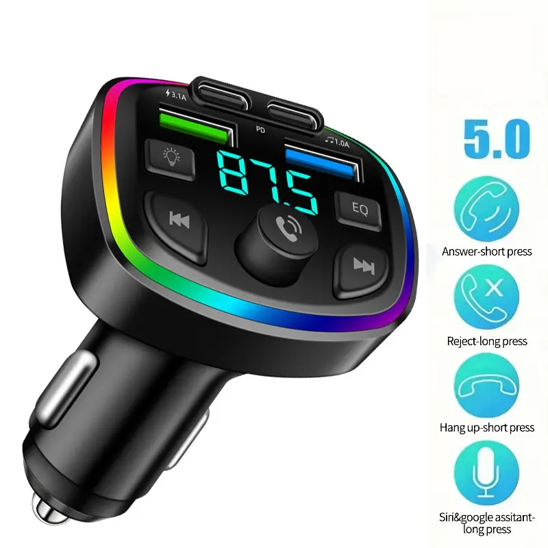[Wireless Car MP3 Player] Ouyaaqii Wireless Car MP3 Player FM Transmitter Dual USB Fast Charging PD Type-C One-Button Hands-Free Call Car Audio Receiver, Without Battery
