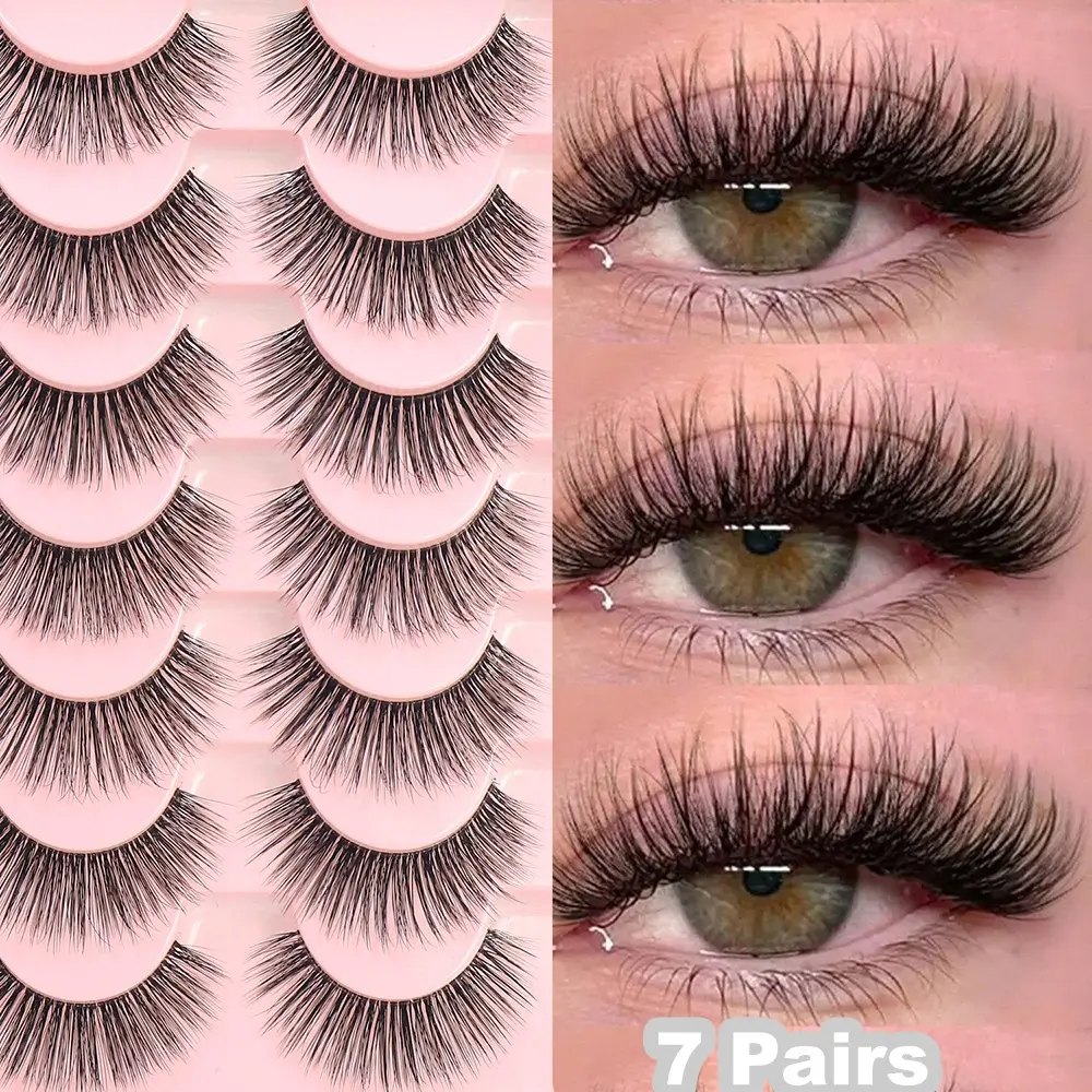 Natural Fiber Long False Eyelashes, 7 Pairs Round Volume Lashes, 6-16mm, Ideal for Daily Use, Dates, Vacations, Parties, Weddings, Work
